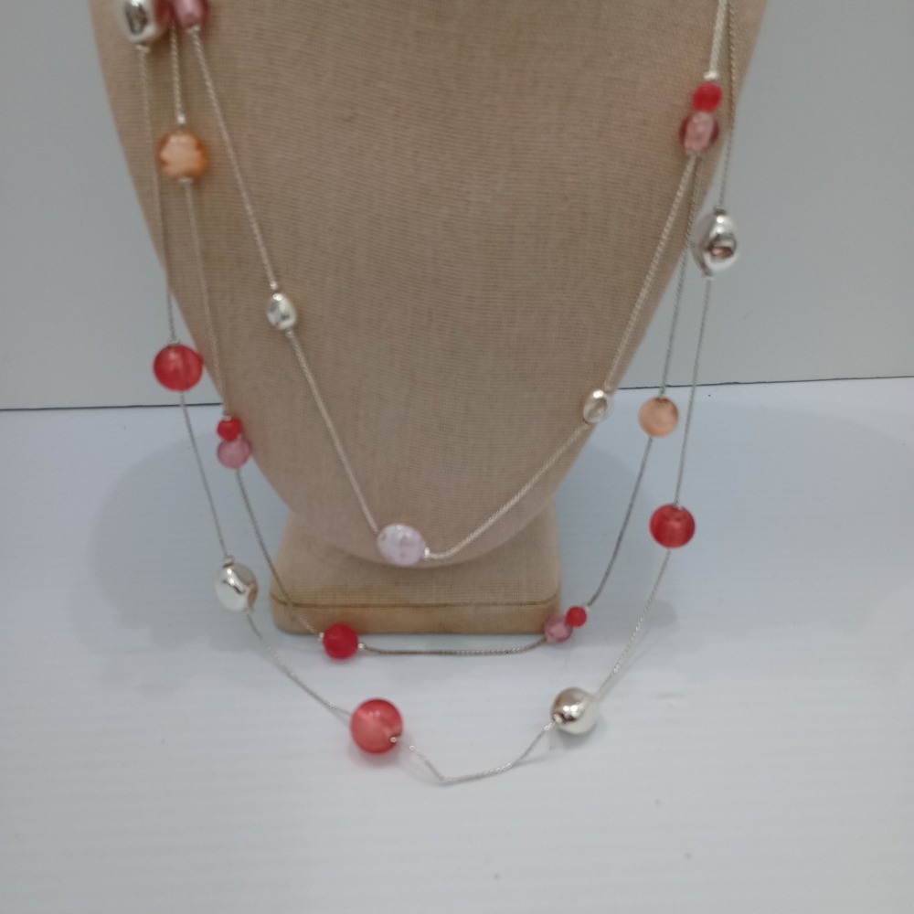 Long Layered  Silver Tone Station Necklace Pink Coral Beads Stamped NWT - Picture 2 of 6